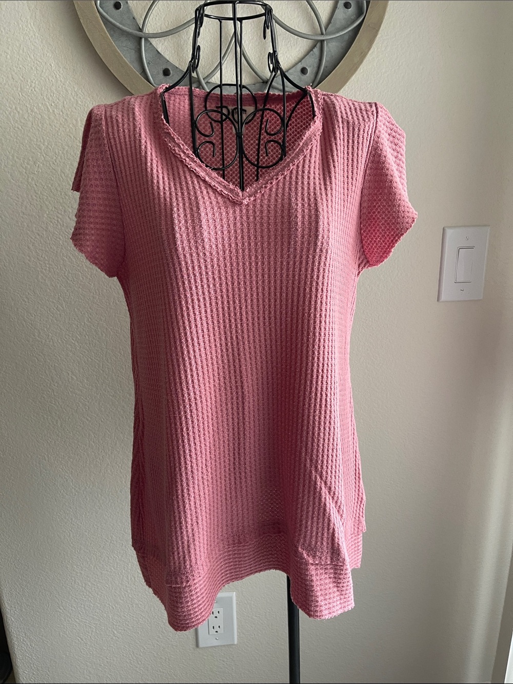 Style & Co. Pink Waffle Knit V-Neck Short Sleeve Tunic